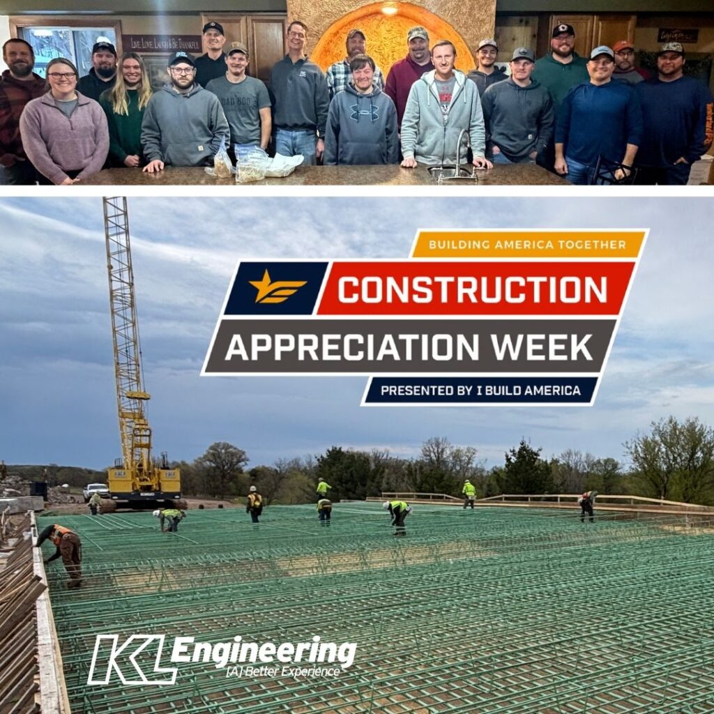 Graphic includes a photo of a project, as well as a group photo of most of our construction team.