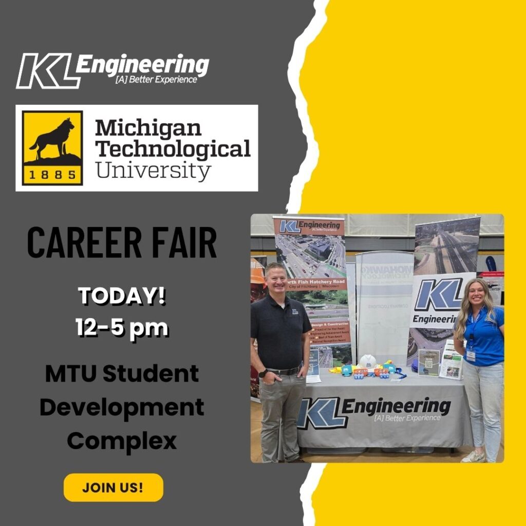 Graphic includes details about the event described in the text, and a photo of folks at the career fair booth, along with the University's colors as accents and the logos for the university and KL Engineering.