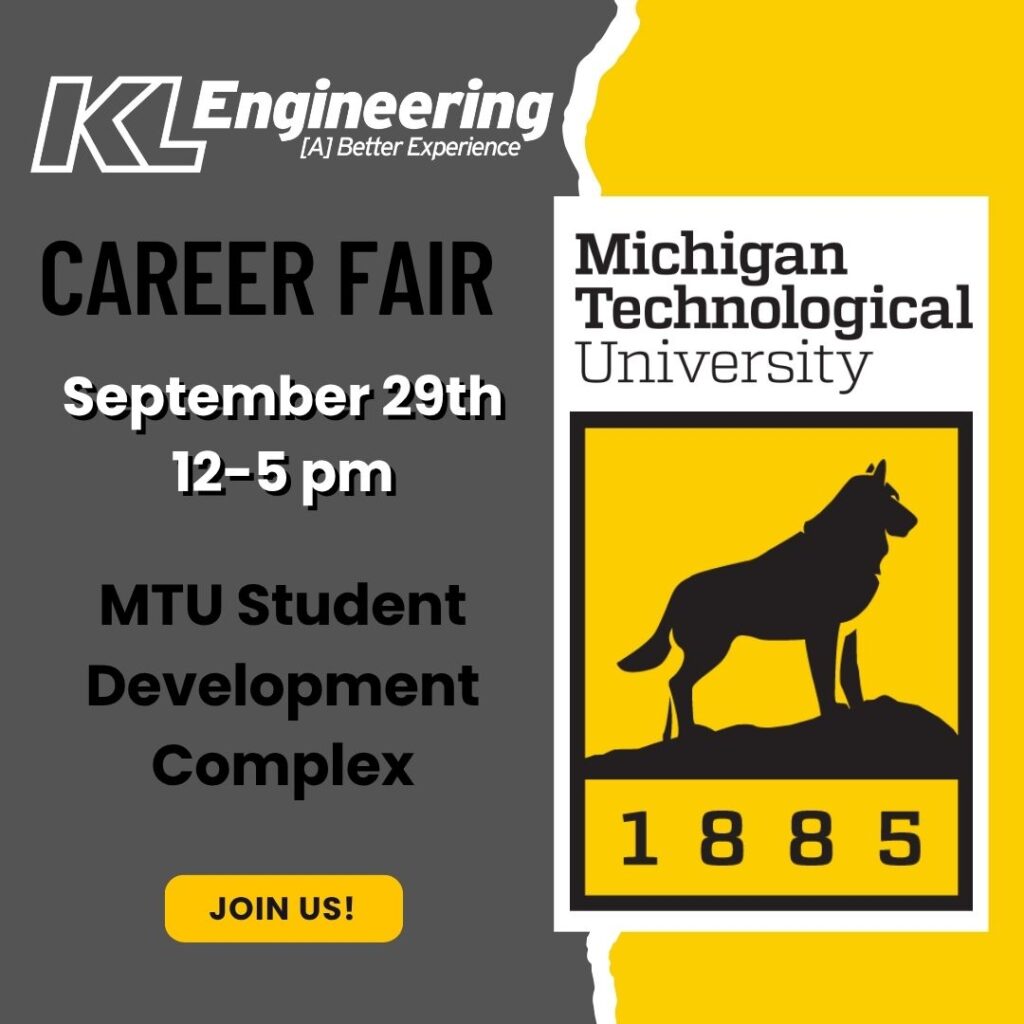 Graphic includes details about the event described in the text, along with the University's colors as accents and the logos for the university and KL Engineering.