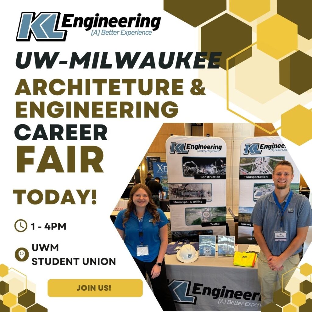 Graphic includes details about the event described in the text, and a photo of folks at the career fair booth, along with the University's colors as accents and the logos for the university and KL Engineering.