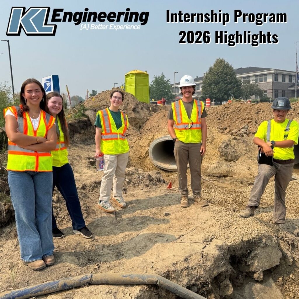 Graphic includes a group of interns in PPE on a job site, with the text "KL Engineering Internship Program 2026 Highlights."