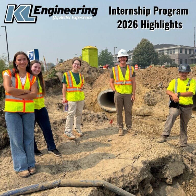 Graphic includes a group of interns in PPE on a job site, with the text "KL Engineering Internship Program 2026 Highlights."