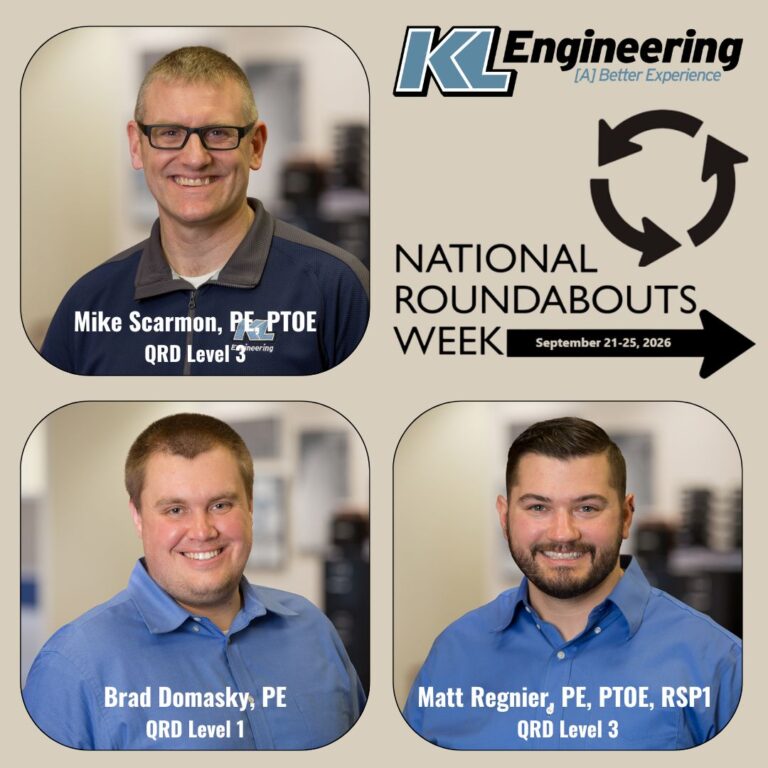 Graphic includes the team members who specialize in roundabouts, as well as the logo for National Roundabout Week on a tan background.