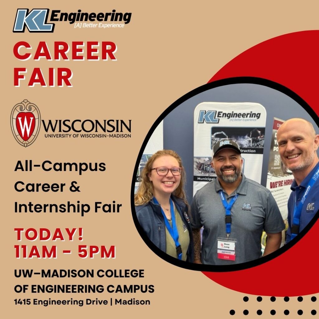 Graphic includes details about the event described in the text, along with the University's colors as accents and the logos for the university and KL Engineering, as well as a photo of the folks attending the career fair.