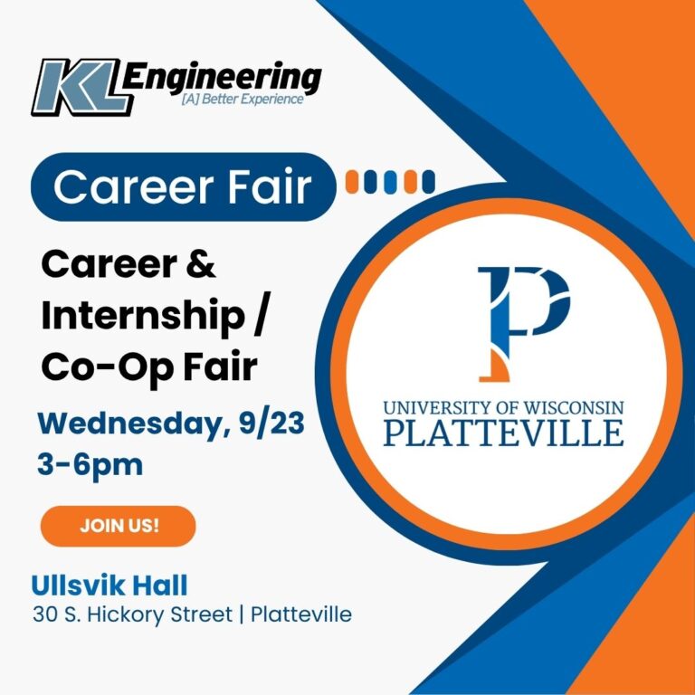Graphic includes details about the event described in the text, along with the University's colors as accents and the logos for the university and KL Engineering.