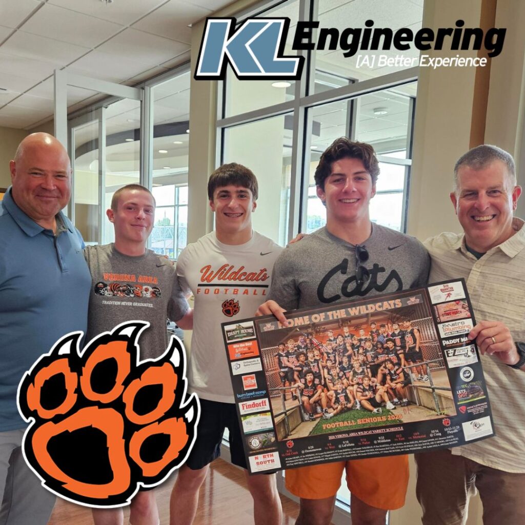 Graphic includes a photo of two KL leaders with student athletes, holding the signed poster. There are also logos for Wildcats Football and KL Engineering.