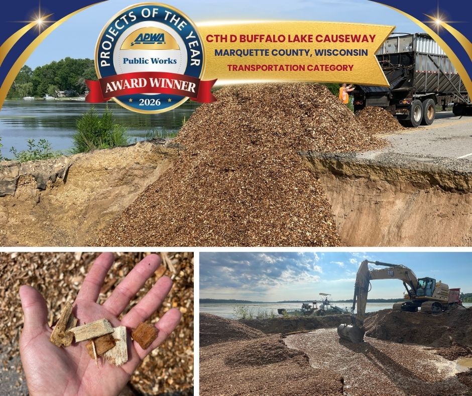 Photos of woodchips - the secret ingredient for this project - and award seal with project name and location.