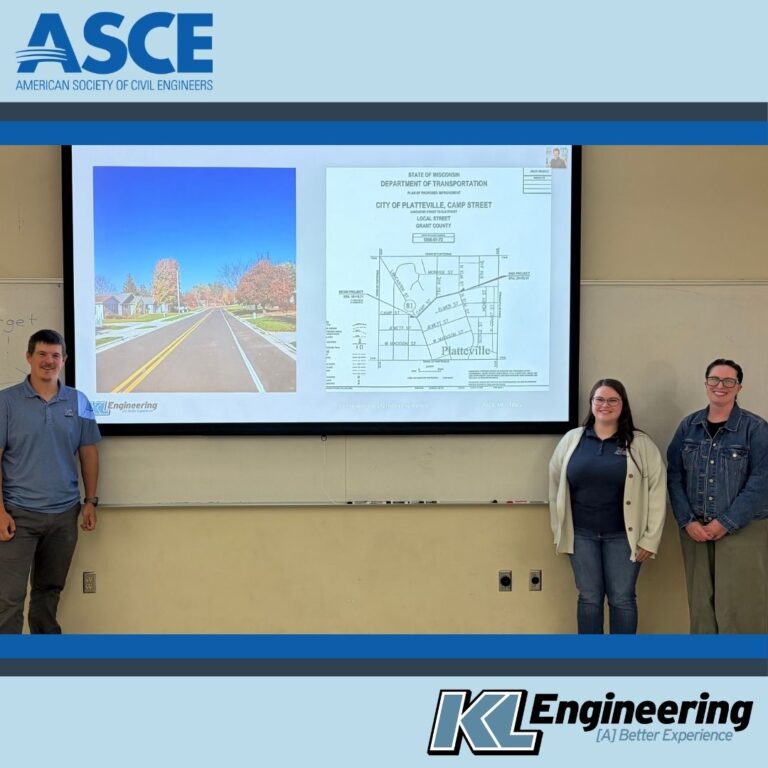 Graphic includes a photo of the group with the screen they presented with, as well as logos for ASCE and KL Engineering with dark blue and light blue accents.