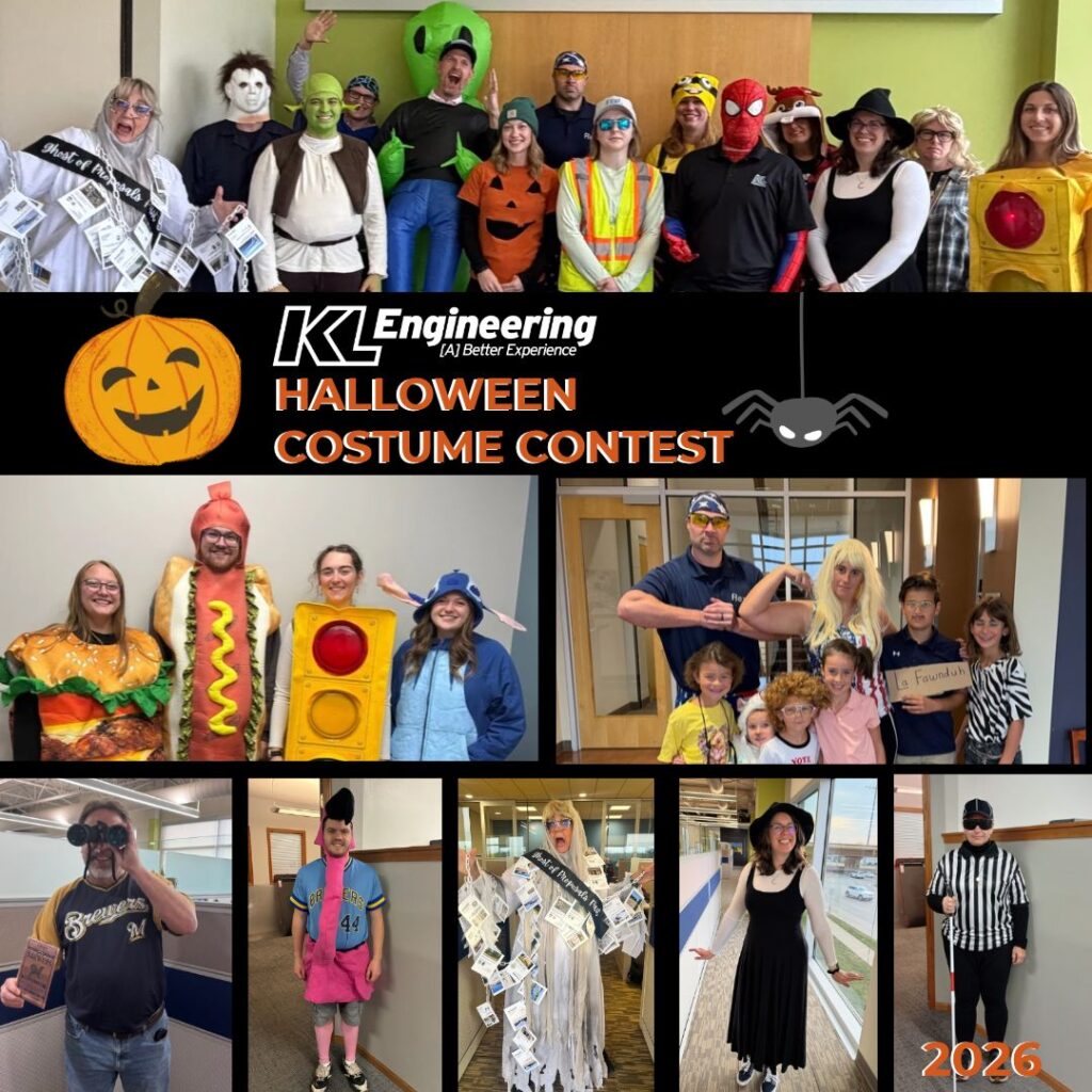 Graphic includes a collage of photos of people's costumes, as well as the text "KL Engineering Halloween Costume Contest" with a pumpkin and a spider icon.