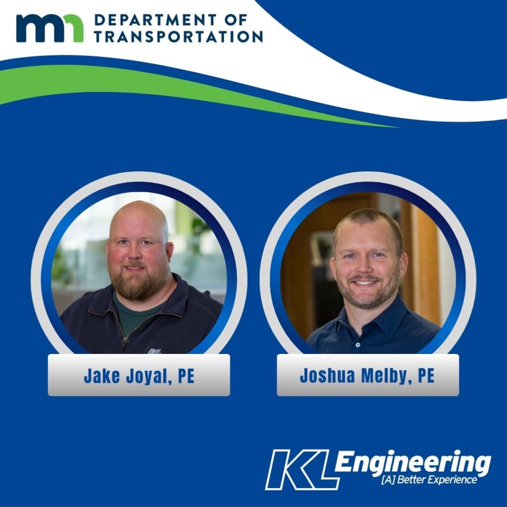 graphic includes the headshots of the people attending the event, as well as MnDOT and KL's logos. The background of the graphic is royal blue, with white and green accents to match the MnDOT logo.