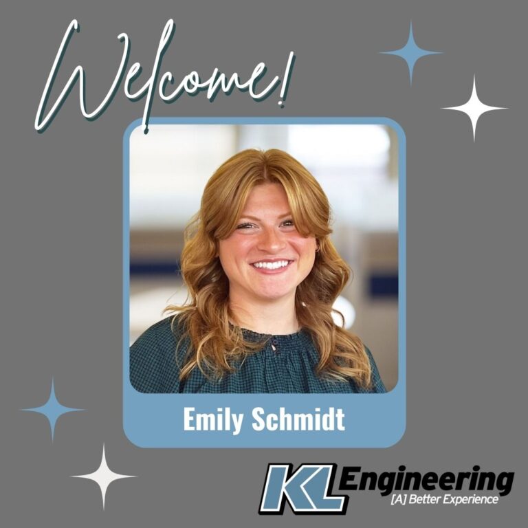 Graphic includes a photo of the new employees with a grey background and blue and white accents around the photo. The text "welcome!" is across the top, with the KL logo in the lower right corner.