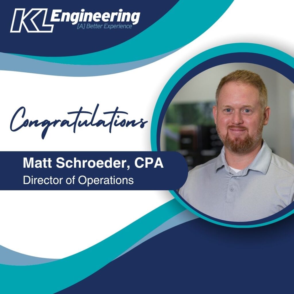 Graphic includes the headshot of the employee being celebrated, as well as the text "Congratulations Matt Schroeder, CPA - Director of operations" with light blue and blue green accents.