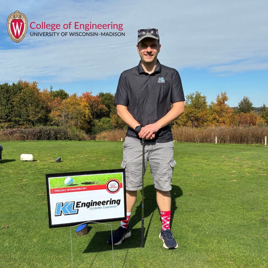 Graphic includes a photo of an employee golfing with a sign from KL Engineering sponsoring a hole.