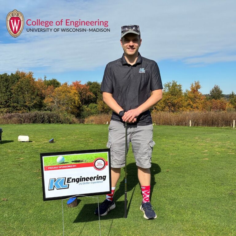 Graphic includes a photo of an employee golfing with a sign from KL Engineering sponsoring a hole.