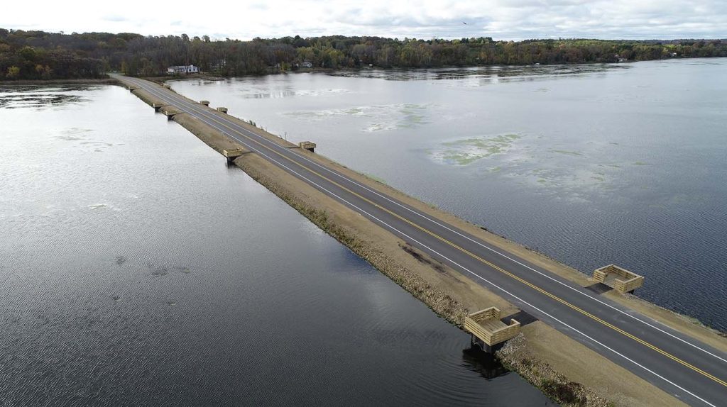 CTH D Buffalo Lake Causeway Reconstruction showing aerial view of finished project and 10 new fishing platforms