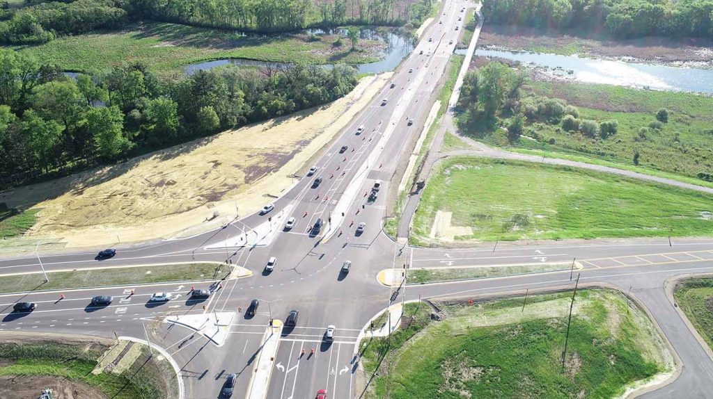 Aerial image of CTH M Reconstruction project showing the new CTH K intersection and many other project features.