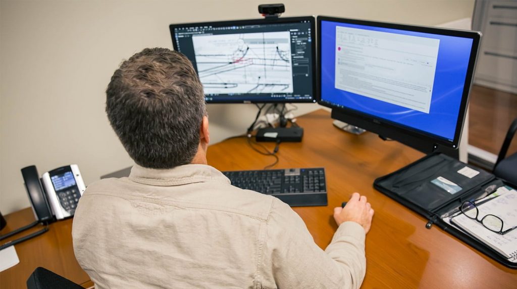 Careers_JobPostImage_SrStrEng Photo of person working at desk, looking at two monitors, shown from back of person facing screens