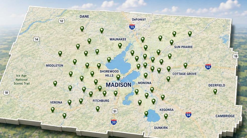 Charge Up Dane County graphic showing site map of Dane County