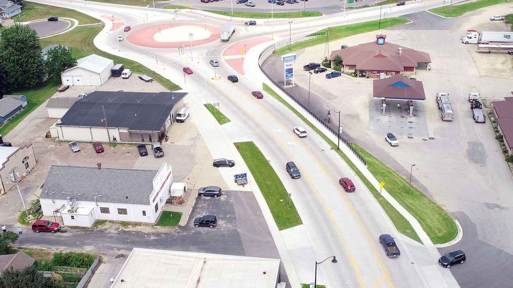 USH 14 North Main Street project in Westby WI showing aerial of new roundabout.